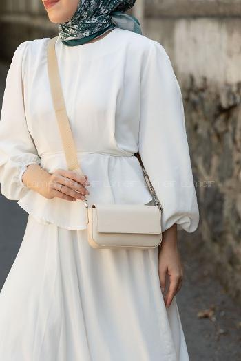 Lamelif Mini Kapaklı Hasır Askılı Kadın Çanta Krem