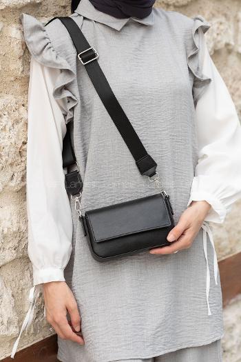 Lamelif Mini Kapaklı Hasır Askılı Kadın Çanta Siyah