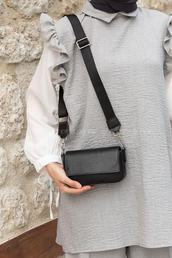 Lamelif Mini Kapaklı Hasır Askılı Kadın Çanta Siyah