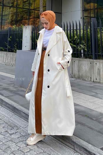 Cream Long Arm Belted Cotton Trench Coat
