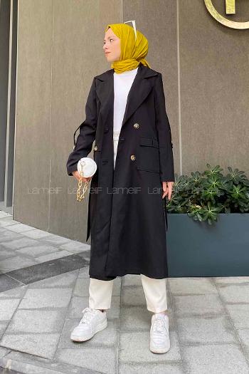 Lamelif Pelican Ön Düğmeli Trençkot Siyah