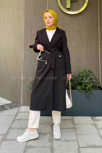 Lamelif Pelican Ön Düğmeli Trençkot Siyah