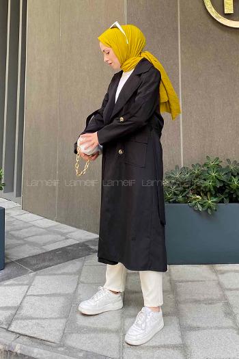 Lamelif Pelican Ön Düğmeli Trençkot Siyah