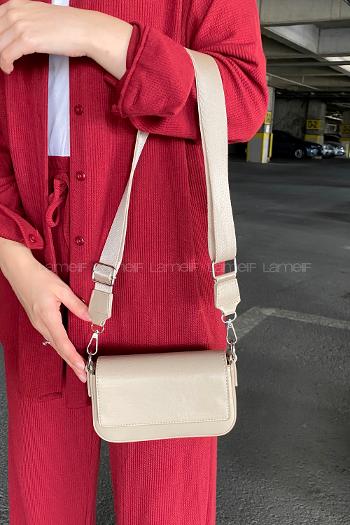 Lamelif Mini Kapaklı Hasır Askılı Kadın Çanta Vizonrengi