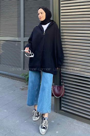 Lamelif Önü Fermuarlı Yan Yırtmaçlı Üç İplik Sweat Siyah