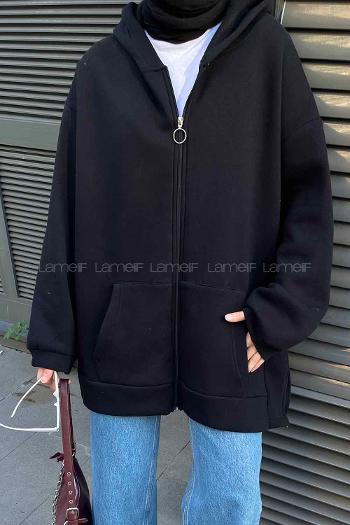 Lamelif Önü Fermuarlı Yan Yırtmaçlı Üç İplik Sweat Siyah