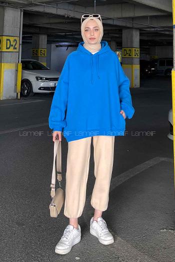 Lamelif Kapşonlu Oversize Yan Cepli Sweat Saks Mavi