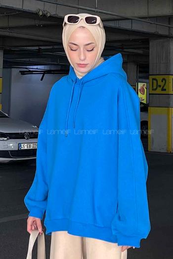 Lamelif Kapşonlu Oversize Yan Cepli Sweat Saks Mavi