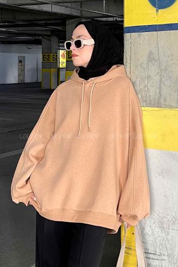 Lamelif Kapşonlu Oversize Yan Cepli Sweat Sütlü Kahve