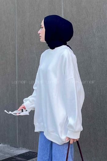 Lamelif Jasmin Bisiklet Yaka Oversize Sweat Beyaz