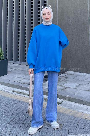 Blue Crew Neck Long Arm Unprinted Sweatshirt