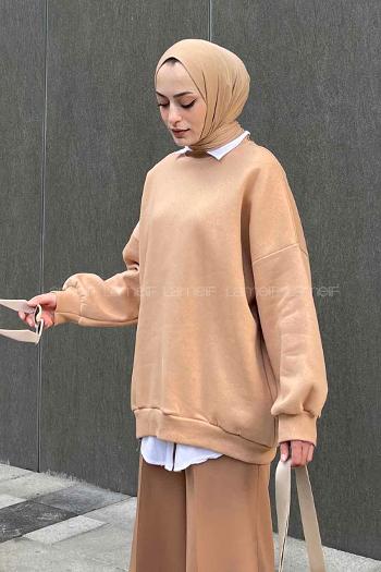 Lamelif Jasmin Bisiklet Yaka Oversize Sweat Sütlü Kahve