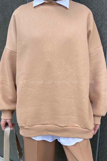 Lamelif Jasmin Bisiklet Yaka Oversize Sweat Sütlü Kahve