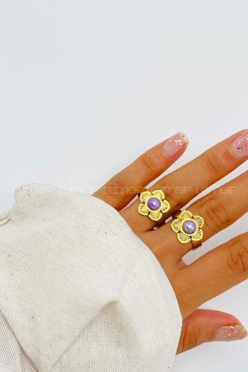 Lamelif Yüksek Kalite Çelik(316L) Gold Lila Çiçek Yüzük