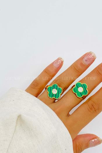 Lamelif Yüksek Kalite Çelik(316L) Gold Yeşil Yonca Yüzük