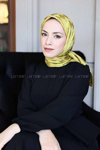 Lamelif Dama Desen Jakar Eşarp Yağ Yeşili