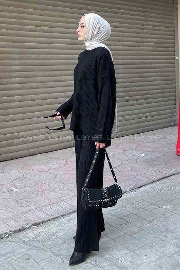 Black Medium Crew Neck Long Arm Knitwear Comfortable Suit