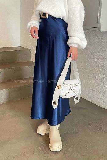 Lamelif Düz Saten Çan Etek Saks Mavisi