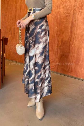 Lamelif Saten Pamuklu Desenli Etek  Vizonrengi Siyah