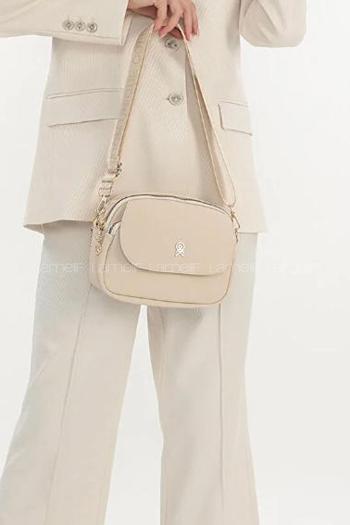 Lamelif Üç Bölmeli Buzzy Kumaş Kadın Omuz Çantası Krem