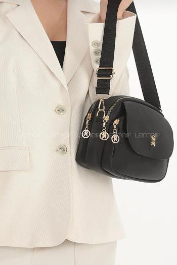 Lamelif Üç Bölmeli Buzzy Kumaş Kadın Omuz Çantası Siyah