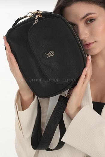 Lamelif Üç Bölmeli Buzzy Kumaş Kadın Omuz Çantası Siyah