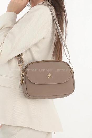 Lamelif Üç Bölmeli Buzzy Kumaş Kadın Omuz Çantası Vizonrengi