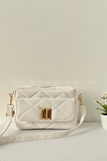 Lamelif Kapak Kilitli Vintage Çapraz Çanta Beyaz