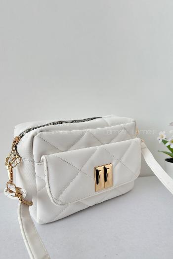 Lamelif Kapak Kilitli Vintage Çapraz Çanta Beyaz