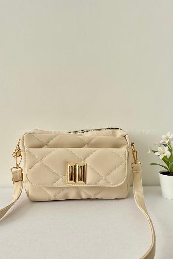 Lamelif Kapak Kilitli Vintage Çapraz Çanta Krem