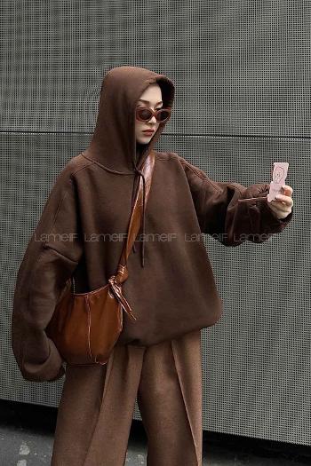 Lamelif Kapşonlu Oversize Yan Cepli Sweat Acı Kahve