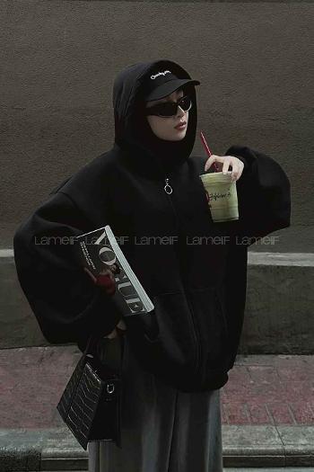 Lamelif Ön Fermuarlı Düz Sweatshirt Siyah