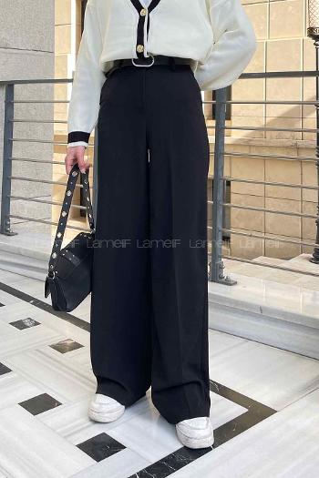 Lamelif Kemerli Palazzo Pantolon Siyah