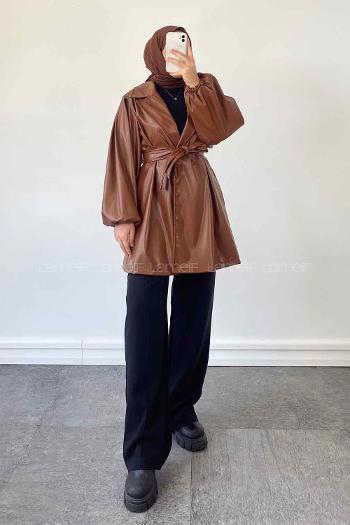 Brown Long Arm Belted Skin Trench Coat
