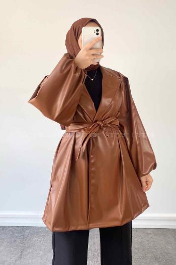 Brown Long Arm Belted Skin Trench Coat