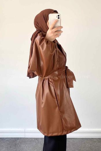 Brown Long Arm Belted Skin Trench Coat