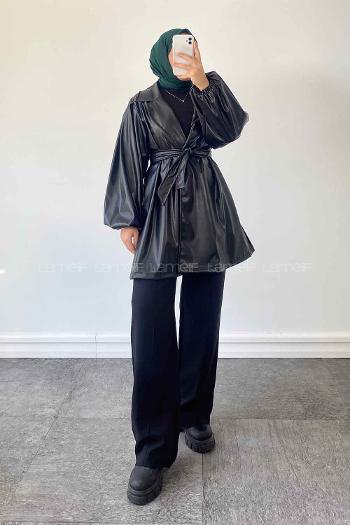 Black Long Arm Belted Skin Trench Coat