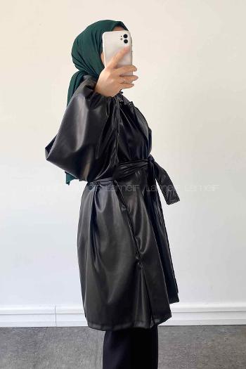 Black Long Arm Belted Skin Trench Coat