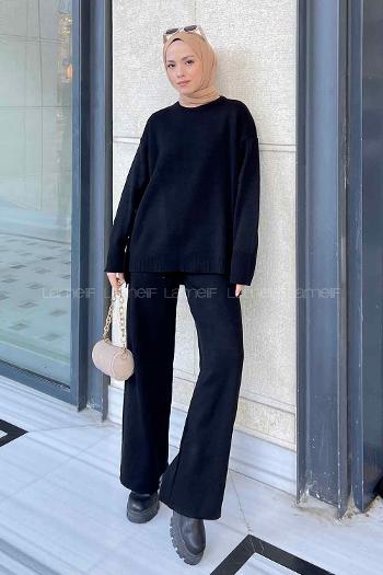 Lamelif Yanlar Düğmeli Tesettür Takım Siyah