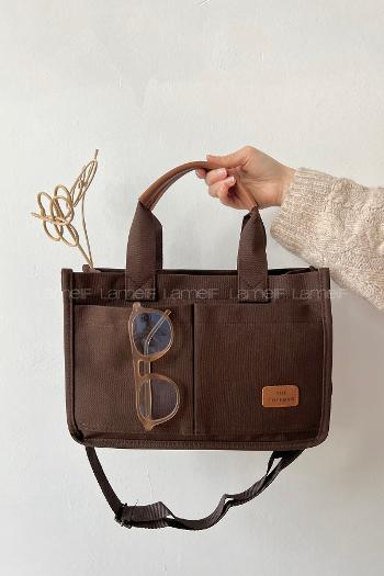 Lamelif Mini Kanvas Tote Bag Kadın Çapraz Çanta Acı Kahve