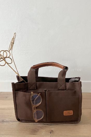 Lamelif Mini Kanvas Tote Bag Kadın Çapraz Çanta Acı Kahve