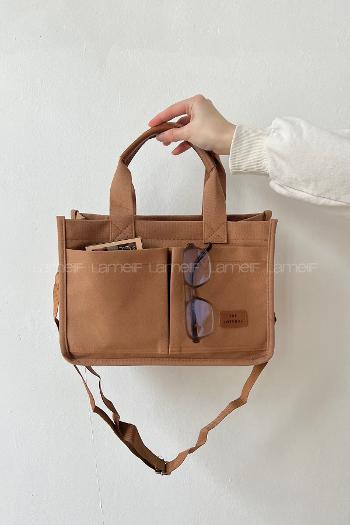 Lamelif Mini Kanvas Tote Bag Kadın Çapraz Çanta Camel