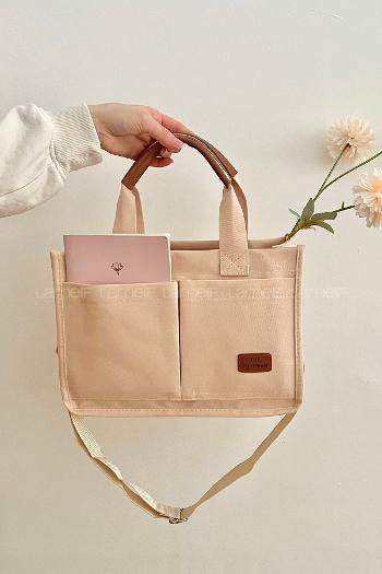 Lamelif Mini Kanvas Tote Bag Kadın Çapraz Çanta Krem