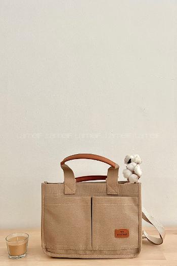 Lamelif Mini Kanvas Tote Bag Kadın Çapraz Çanta Vizonrengi