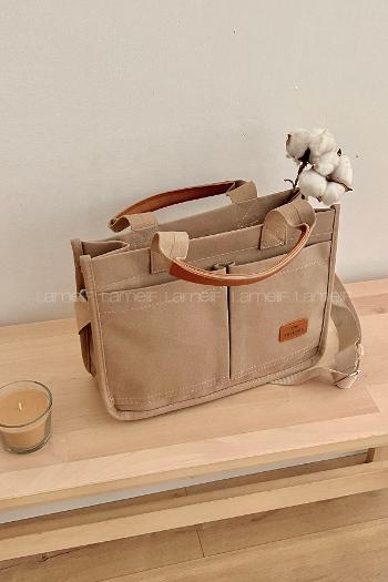 Lamelif Mini Kanvas Tote Bag Kadın Çapraz Çanta Vizonrengi