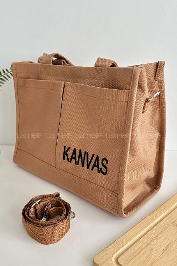 Lamelif Kanvas Nakışlı Kadın Çapraz Çanta Camel