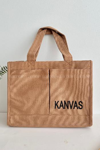 Lamelif Kanvas Nakışlı Kadın Çapraz Çanta Camel