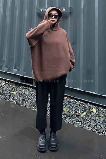 Lamelif Kapüşonlu Salaş Sweatshirt Acı Kahve