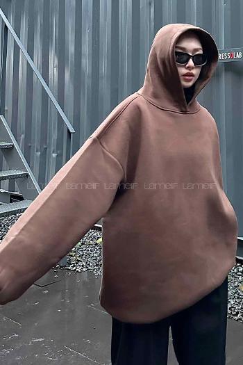 Lamelif Kapüşonlu Salaş Sweatshirt Acı Kahve