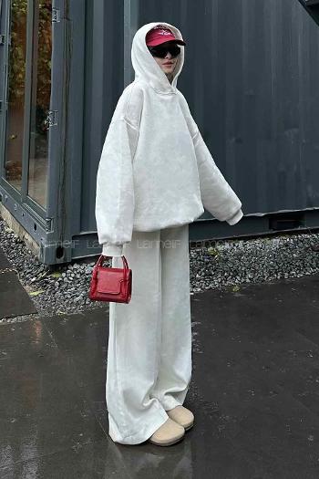 Lamelif Kapüşonlu Salaş Sweatshirt Beyaz